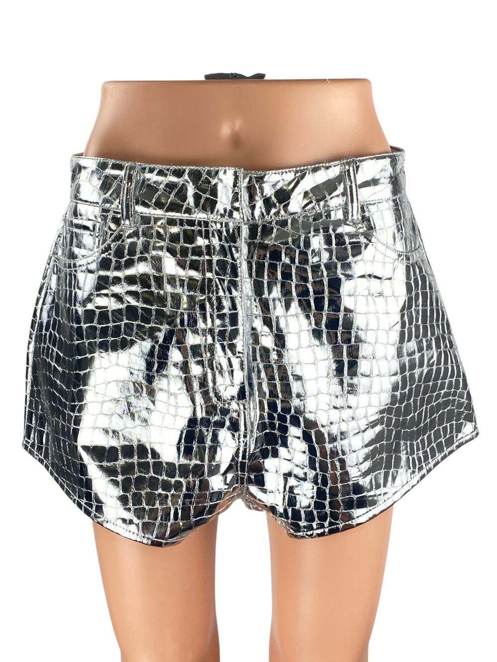 Nasty Gal Silver High Waist Croc Embossed Metallic Shorts